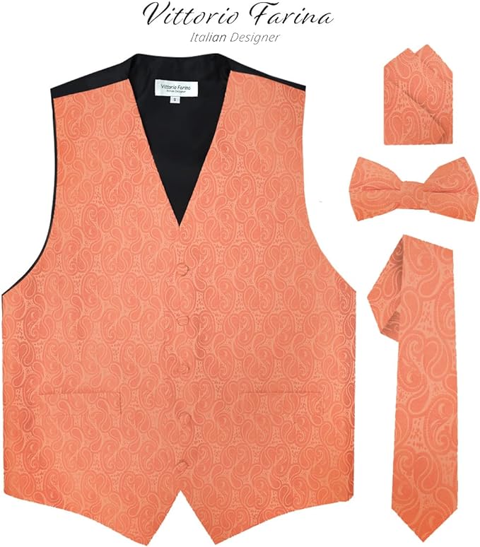 Vittorio Farina Men's Woven Paisley Vest, Necktie, Bow Tie and Pocket Square Set (Black Back)