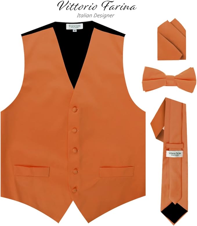 Vittorio Farina Men's Satin Vest, Necktie, Bow Tie and Pocket Square Set (Black Back)