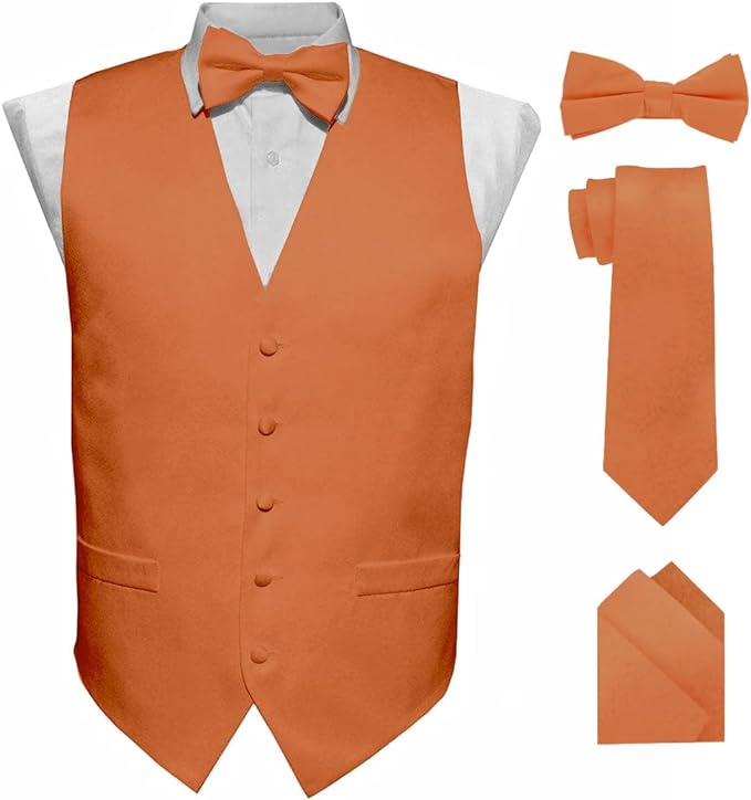 Vittorio Farina Men's Satin Vest, Necktie, Bow Tie and Pocket Square Set (Black Back)