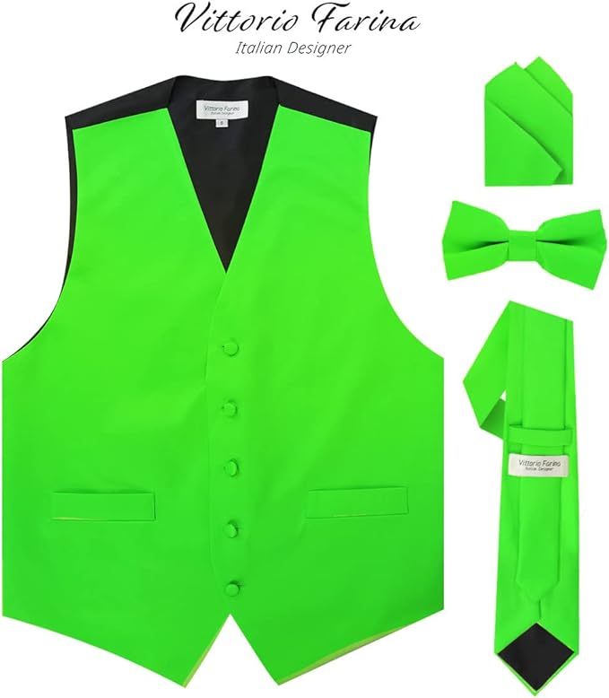 Vittorio Farina Men's Satin Vest, Necktie, Bow Tie and Pocket Square Set (Black Back)