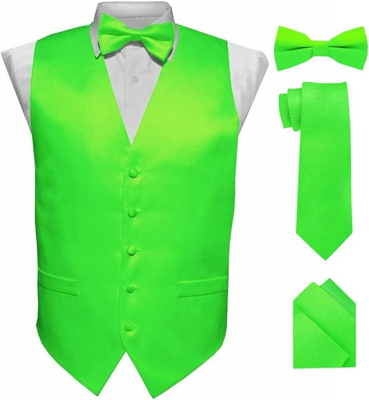 Vittorio Farina Men's Satin Vest, Necktie, Bow Tie and Pocket Square Set (Black Back)