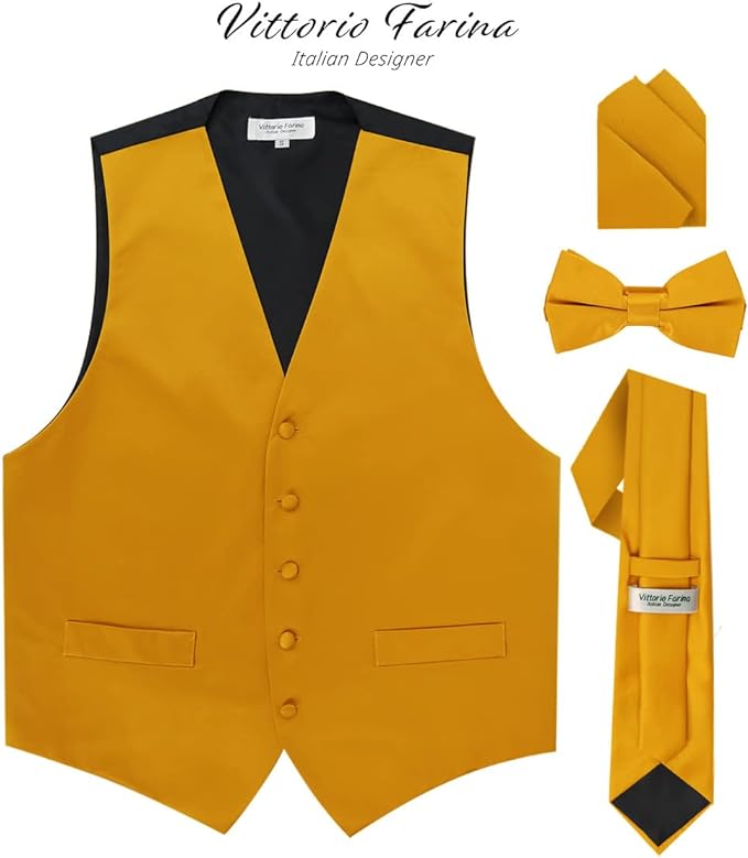 Vittorio Farina Men's Satin Vest, Necktie, Bow Tie and Pocket Square Set (Black Back)