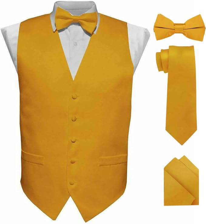 Vittorio Farina Men's Satin Vest, Necktie, Bow Tie and Pocket Square Set (Black Back)