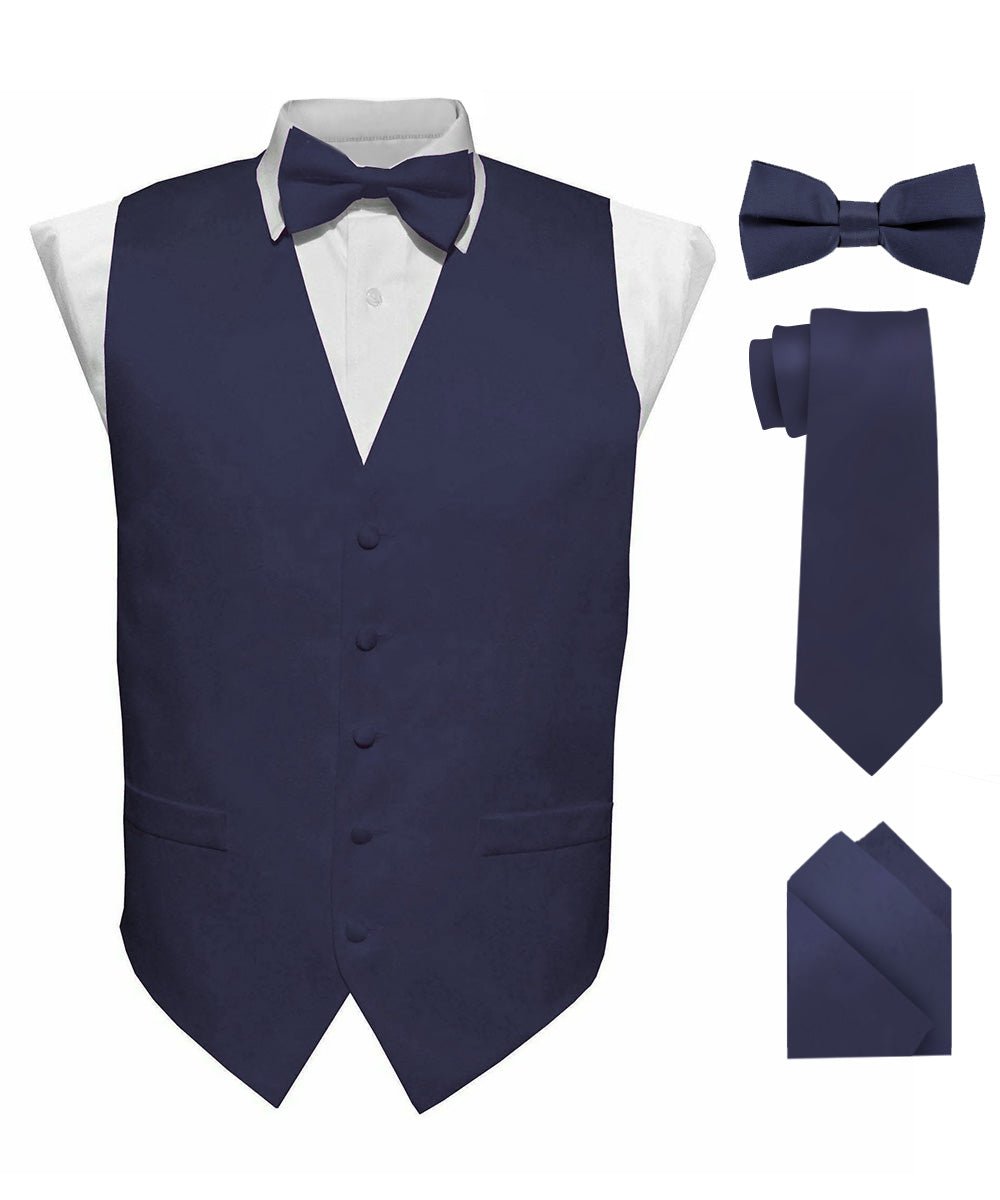 Vittorio Farina Men's Satin Vest, Necktie, Bow Tie and Pocket Square Set (Black Back)