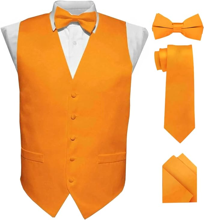 Vittorio Farina Men's Satin Vest, Necktie, Bow Tie and Pocket Square Set (Black Back)