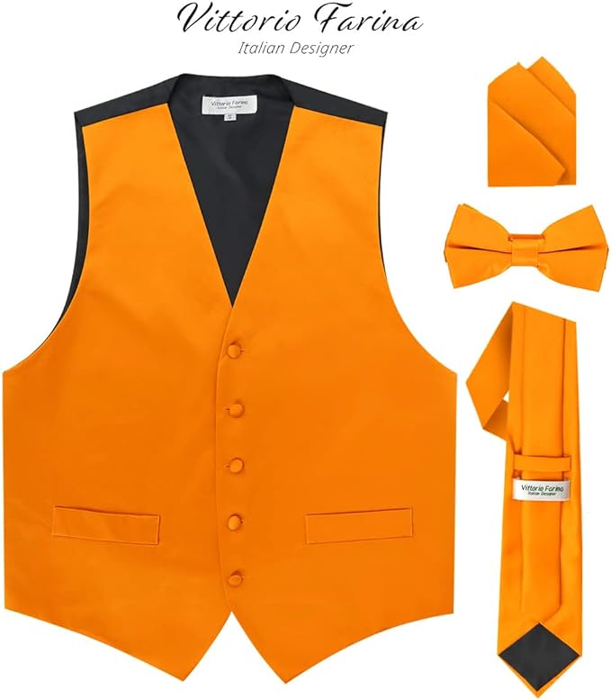 Vittorio Farina Men's Satin Vest, Necktie, Bow Tie and Pocket Square Set (Black Back)
