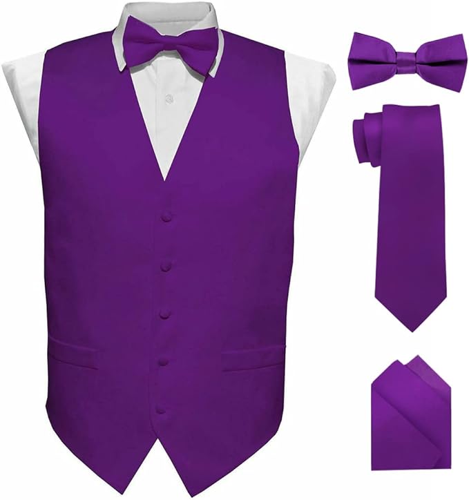 Vittorio Farina Men's Satin Vest, Necktie, Bow Tie and Pocket Square Set (Black Back)