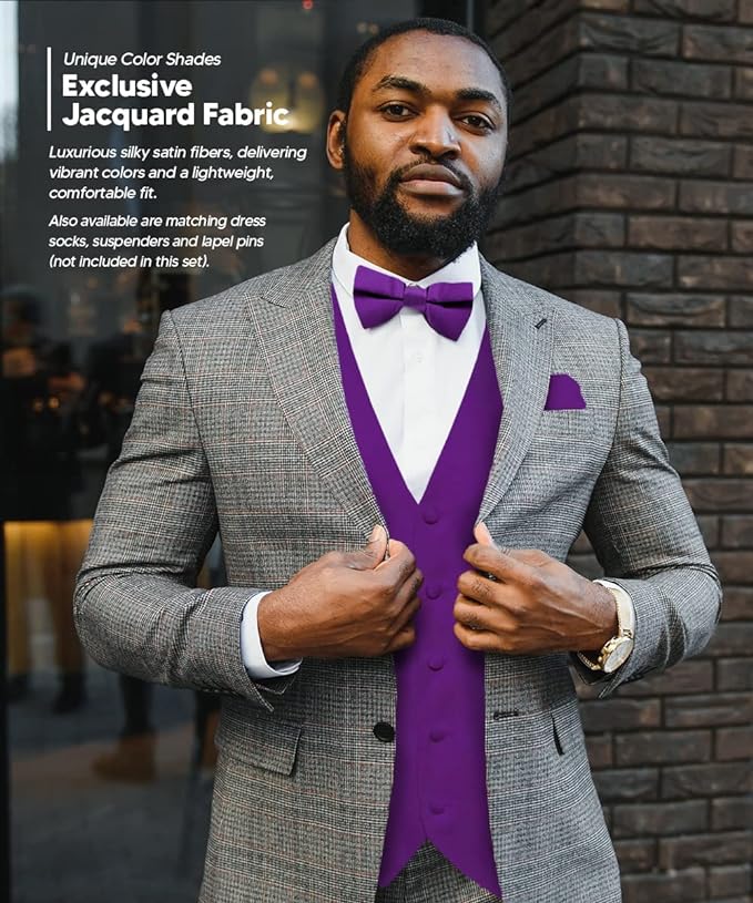 Vittorio Farina Men's Satin Vest, Necktie, Bow Tie and Pocket Square Set (Black Back)