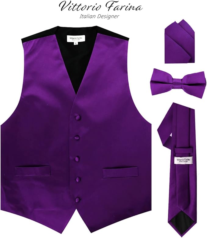 Vittorio Farina Men's Satin Vest, Necktie, Bow Tie and Pocket Square Set (Black Back)