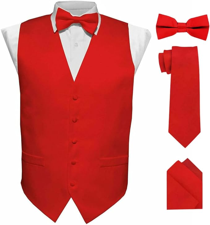 Vittorio Farina Men's Satin Vest, Necktie, Bow Tie and Pocket Square Set (Black Back)