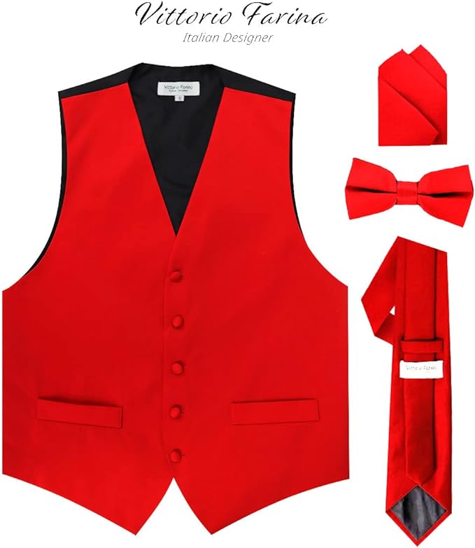 Vittorio Farina Men's Satin Vest, Necktie, Bow Tie and Pocket Square Set (Black Back)