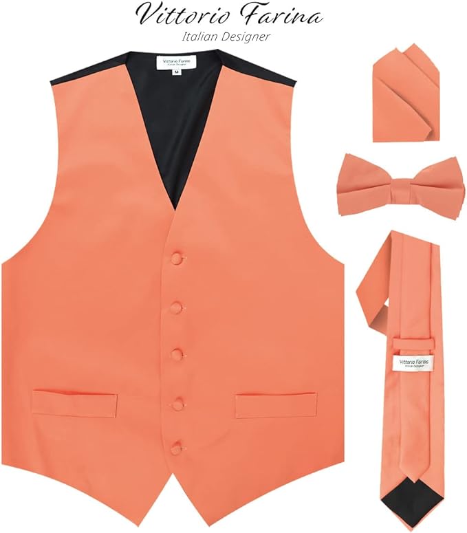Vittorio Farina Men's Satin Vest, Necktie, Bow Tie and Pocket Square Set (Black Back)