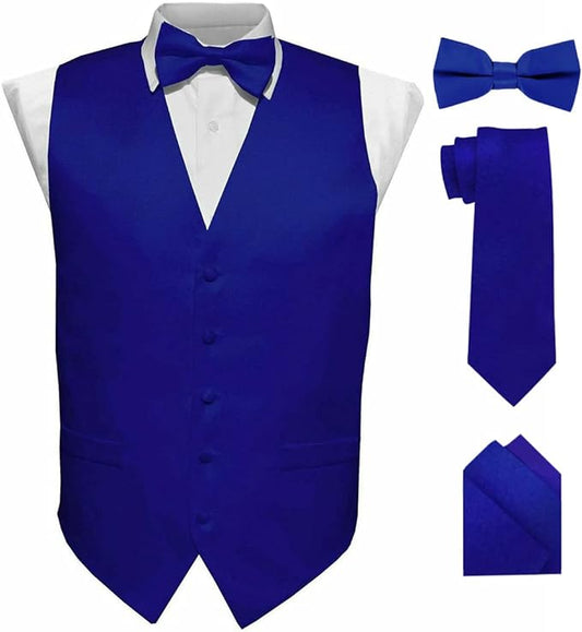 Vittorio Farina Men's Satin Vest, Necktie, Bow Tie and Pocket Square Set (Black Back)