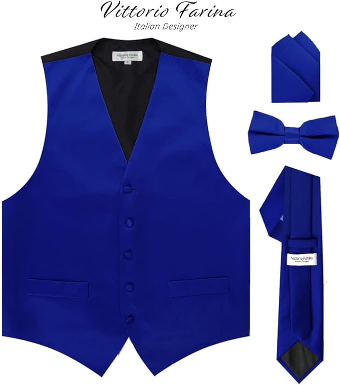 Vittorio Farina Men's Satin Vest, Necktie, Bow Tie and Pocket Square Set (Black Back)