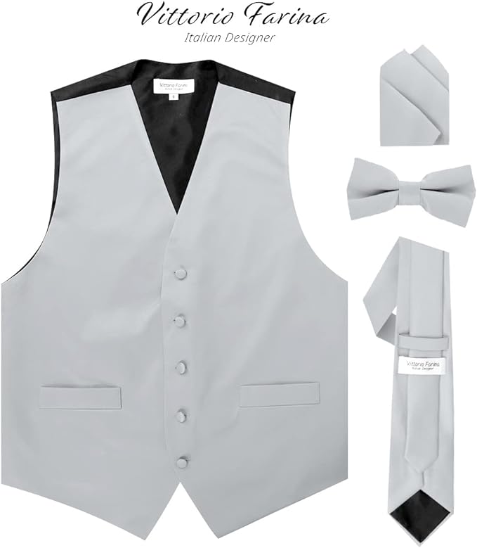 Vittorio Farina Men's Satin Vest, Necktie, Bow Tie and Pocket Square Set (Black Back)