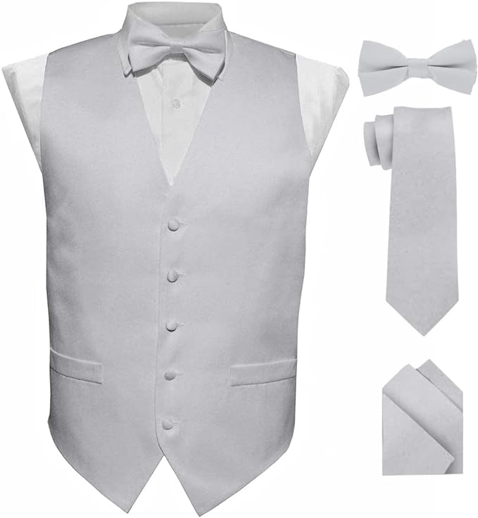 Vittorio Farina Men's Satin Vest, Necktie, Bow Tie and Pocket Square Set (Black Back)