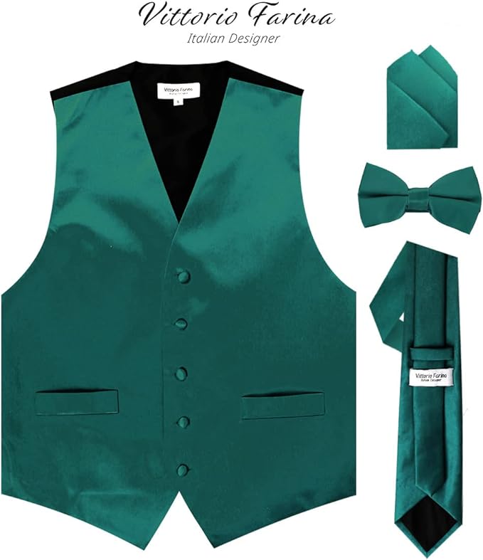 Vittorio Farina Men's Satin Vest, Necktie, Bow Tie and Pocket Square Set (Black Back)