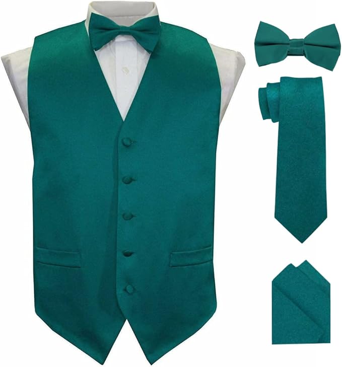 Vittorio Farina Men's Satin Vest, Necktie, Bow Tie and Pocket Square Set (Black Back)
