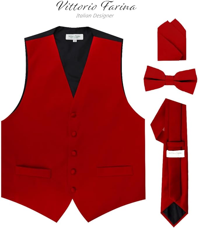 Vittorio Farina Men's Satin Vest, Necktie, Bow Tie and Pocket Square Set (Black Back)