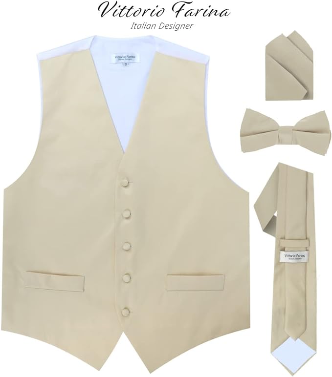 Vittorio Farina Men's Satin Vest, Necktie, Bow Tie and Pocket Square Set (White Back)
