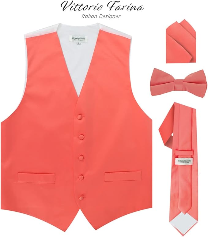 Vittorio Farina Men's Satin Vest, Necktie, Bow Tie and Pocket Square Set (White Back)