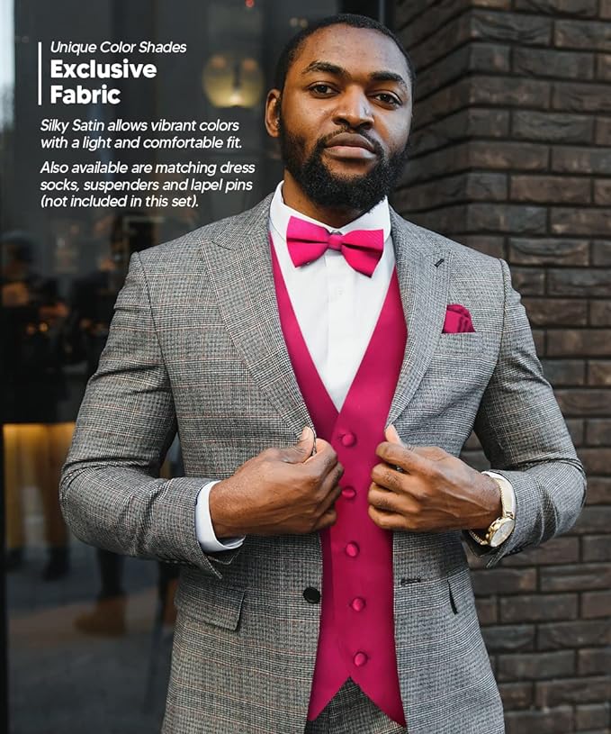 Vittorio Farina Men's Satin Vest, Necktie, Bow Tie and Pocket Square Set (White Back)