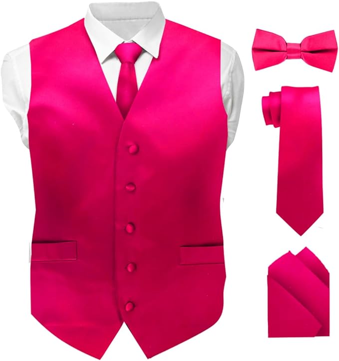 Vittorio Farina Men's Satin Vest, Necktie, Bow Tie and Pocket Square Set (White Back)