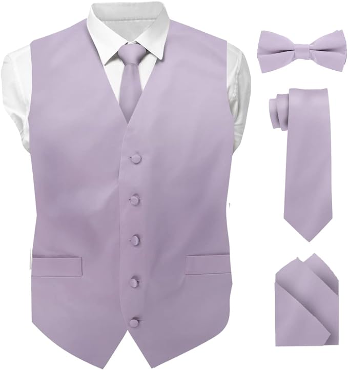 Vittorio Farina Men's Satin Vest, Necktie, Bow Tie and Pocket Square Set (White Back)