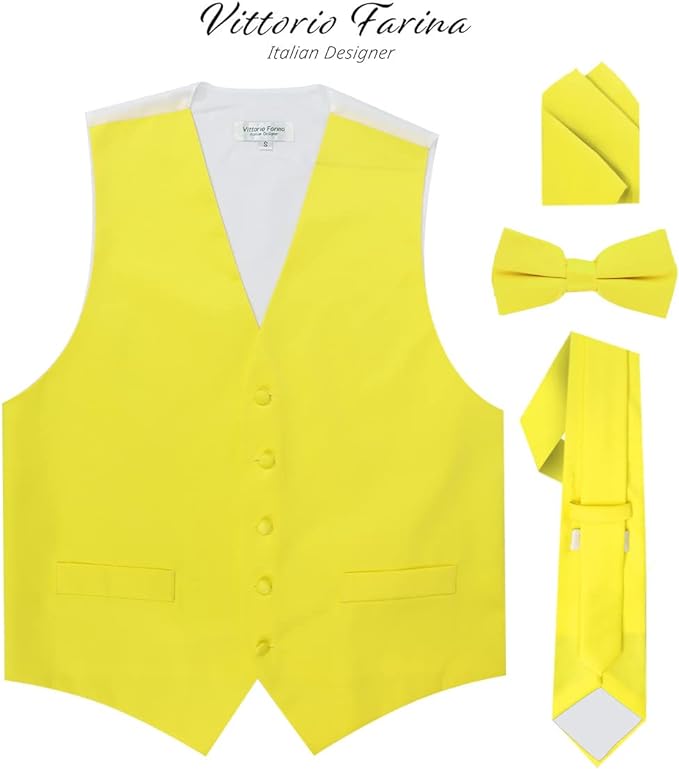 Vittorio Farina Men's Satin Vest, Necktie, Bow Tie and Pocket Square Set (White Back)