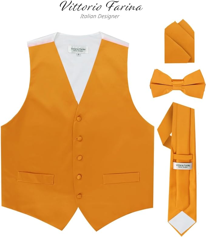 Vittorio Farina Men's Satin Vest, Necktie, Bow Tie and Pocket Square Set (White Back)