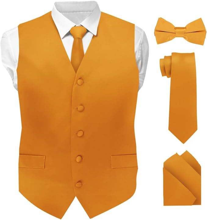 Vittorio Farina Men's Satin Vest, Necktie, Bow Tie and Pocket Square Set (White Back)
