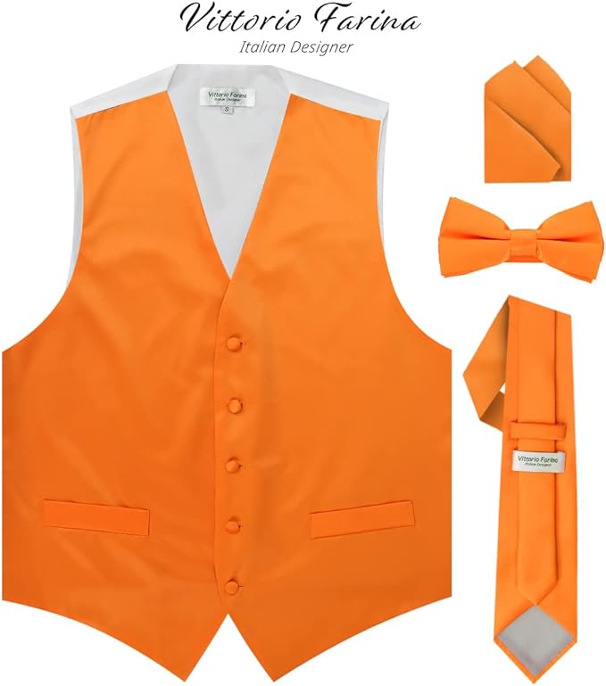Vittorio Farina Men's Satin Vest, Necktie, Bow Tie and Pocket Square Set (White Back)