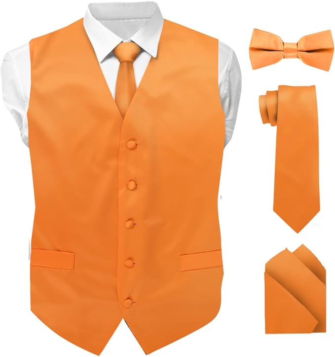 Vittorio Farina Men's Satin Vest, Necktie, Bow Tie and Pocket Square Set (White Back)