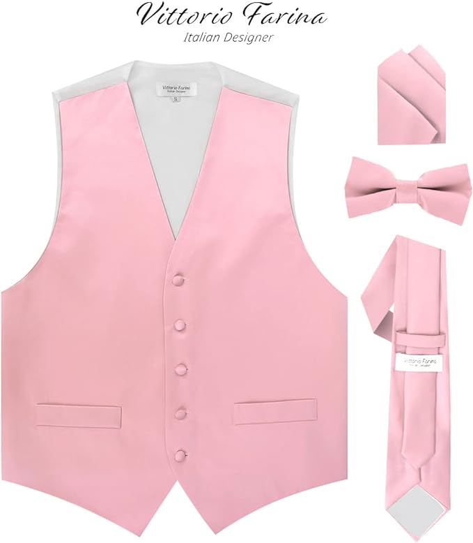 Vittorio Farina Men's Satin Vest, Necktie, Bow Tie and Pocket Square Set (White Back)