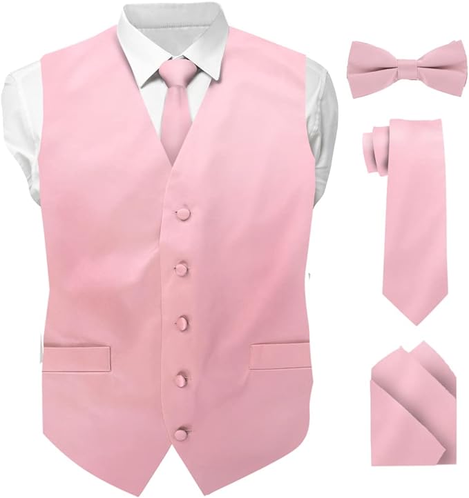 Vittorio Farina Men's Satin Vest, Necktie, Bow Tie and Pocket Square Set (White Back)
