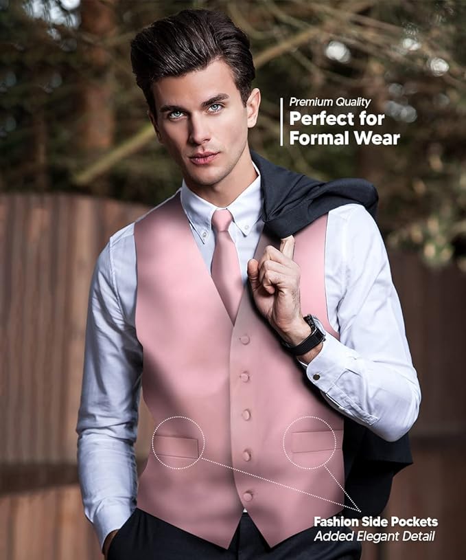 Vittorio Farina Men's Satin Vest, Necktie, Bow Tie and Pocket Square Set (White Back)