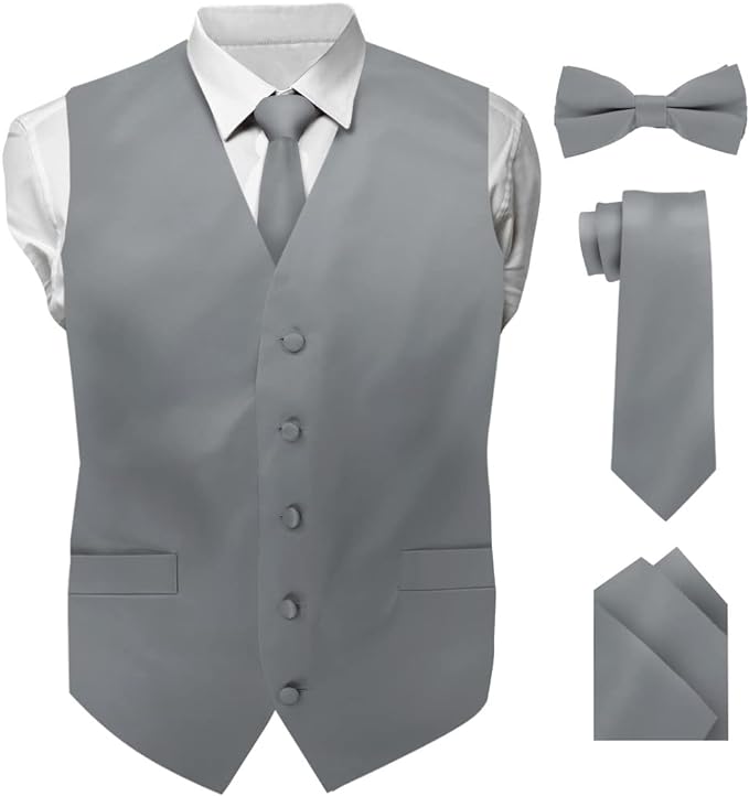 Vittorio Farina Men's Satin Vest, Necktie, Bow Tie and Pocket Square Set (White Back)