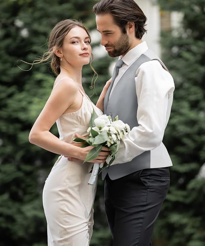 Vittorio Farina Men's Satin Vest, Necktie, Bow Tie and Pocket Square Set (White Back)