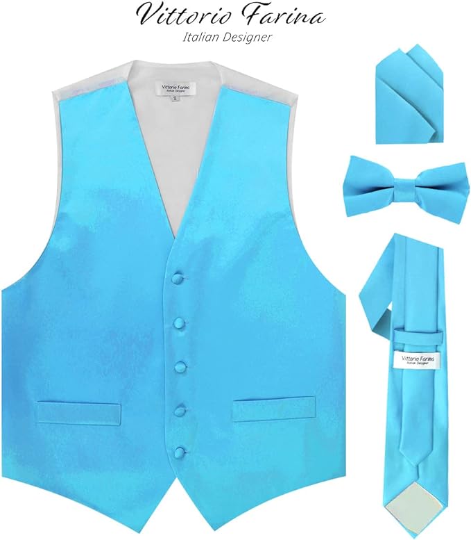 Vittorio Farina Men's Satin Vest, Necktie, Bow Tie and Pocket Square Set (White Back)