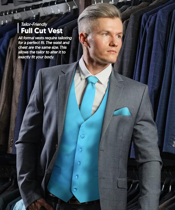 Vittorio Farina Men's Satin Vest, Necktie, Bow Tie and Pocket Square Set (White Back)