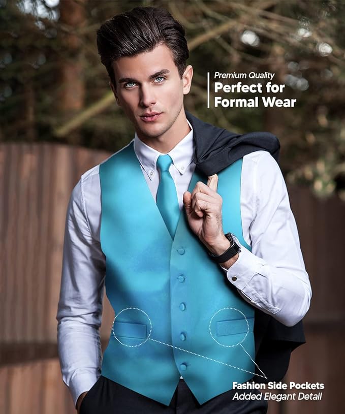 Vittorio Farina Men's Satin Vest, Necktie, Bow Tie and Pocket Square Set (White Back)