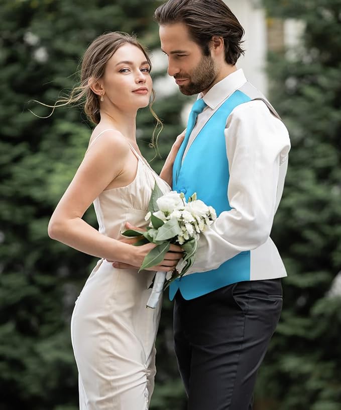 Vittorio Farina Men's Satin Vest, Necktie, Bow Tie and Pocket Square Set (White Back)