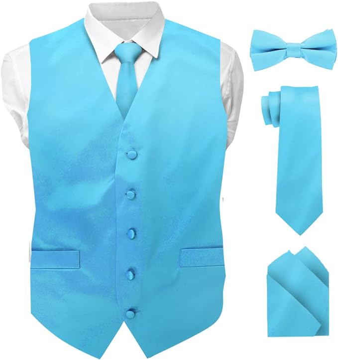 Vittorio Farina Men's Satin Vest, Necktie, Bow Tie and Pocket Square Set (White Back)