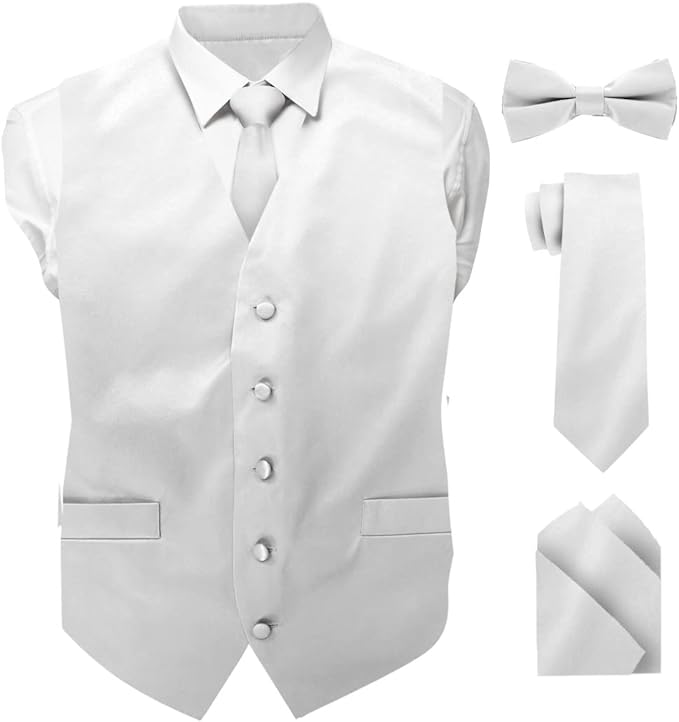 Vittorio Farina Men's Satin Vest, Necktie, Bow Tie and Pocket Square Set (White Back)