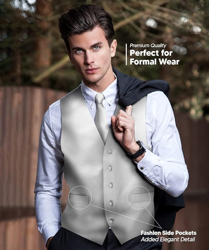 Vittorio Farina Men's Satin Vest, Necktie, Bow Tie and Pocket Square Set (White Back)