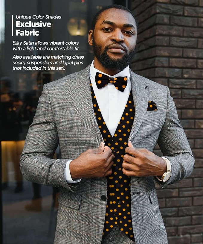 Vittorio Farina Men's White and Black Dot Polka Dot Vest, Necktie, Bow Tie and Pocket Square Set