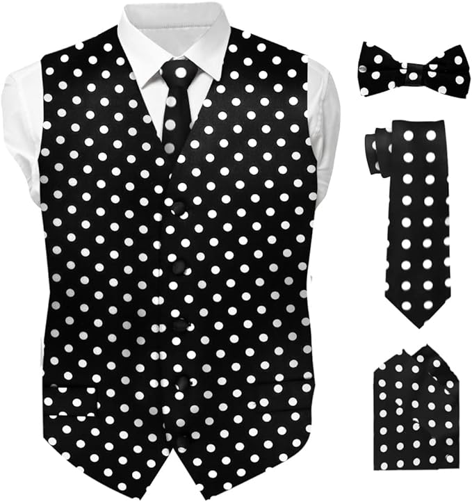 Vittorio Farina Men's White and Black Dot Polka Dot Vest, Necktie, Bow Tie and Pocket Square Set