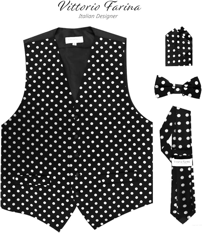 Vittorio Farina Men's White and Black Dot Polka Dot Vest, Necktie, Bow Tie and Pocket Square Set