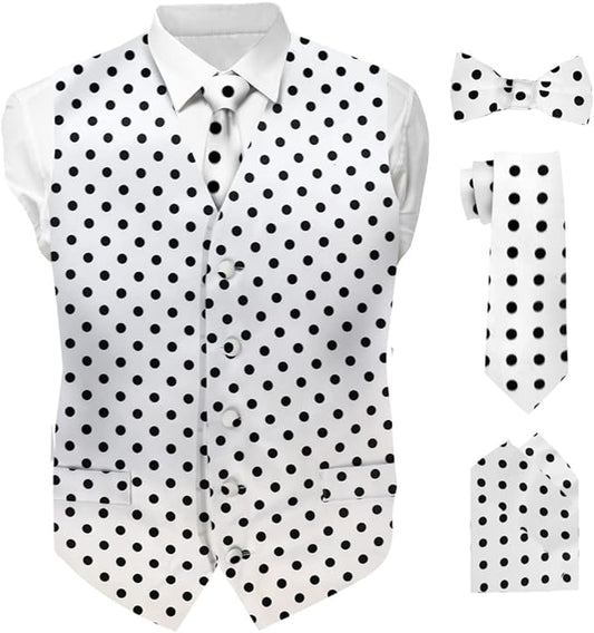 Vittorio Farina Men's White and Black Dot Polka Dot Vest, Necktie, Bow Tie and Pocket Square Set