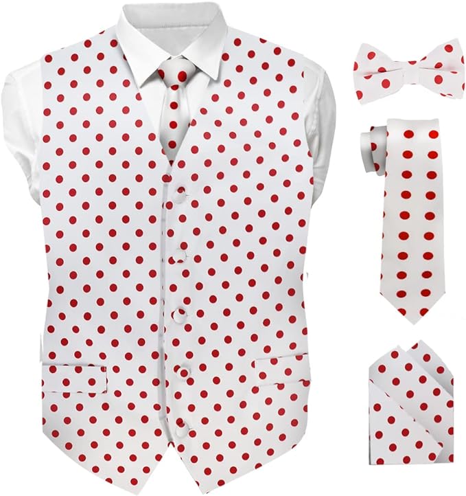 Vittorio Farina Men's White and Black Dot Polka Dot Vest, Necktie, Bow Tie and Pocket Square Set
